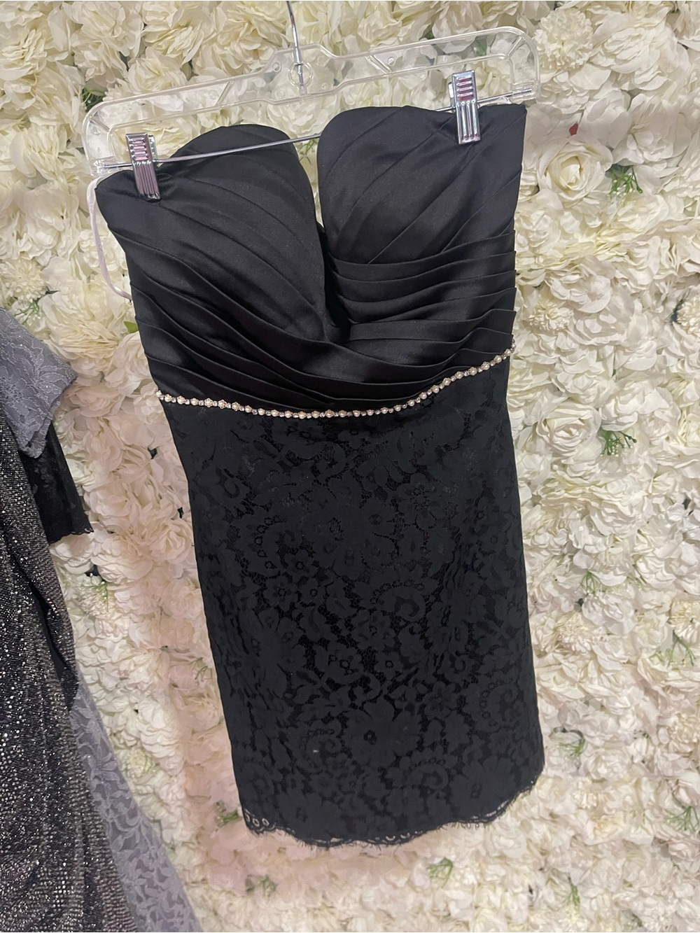 Christina Wu Strapless Black Lace Cocktail Dress with Beaded Waist